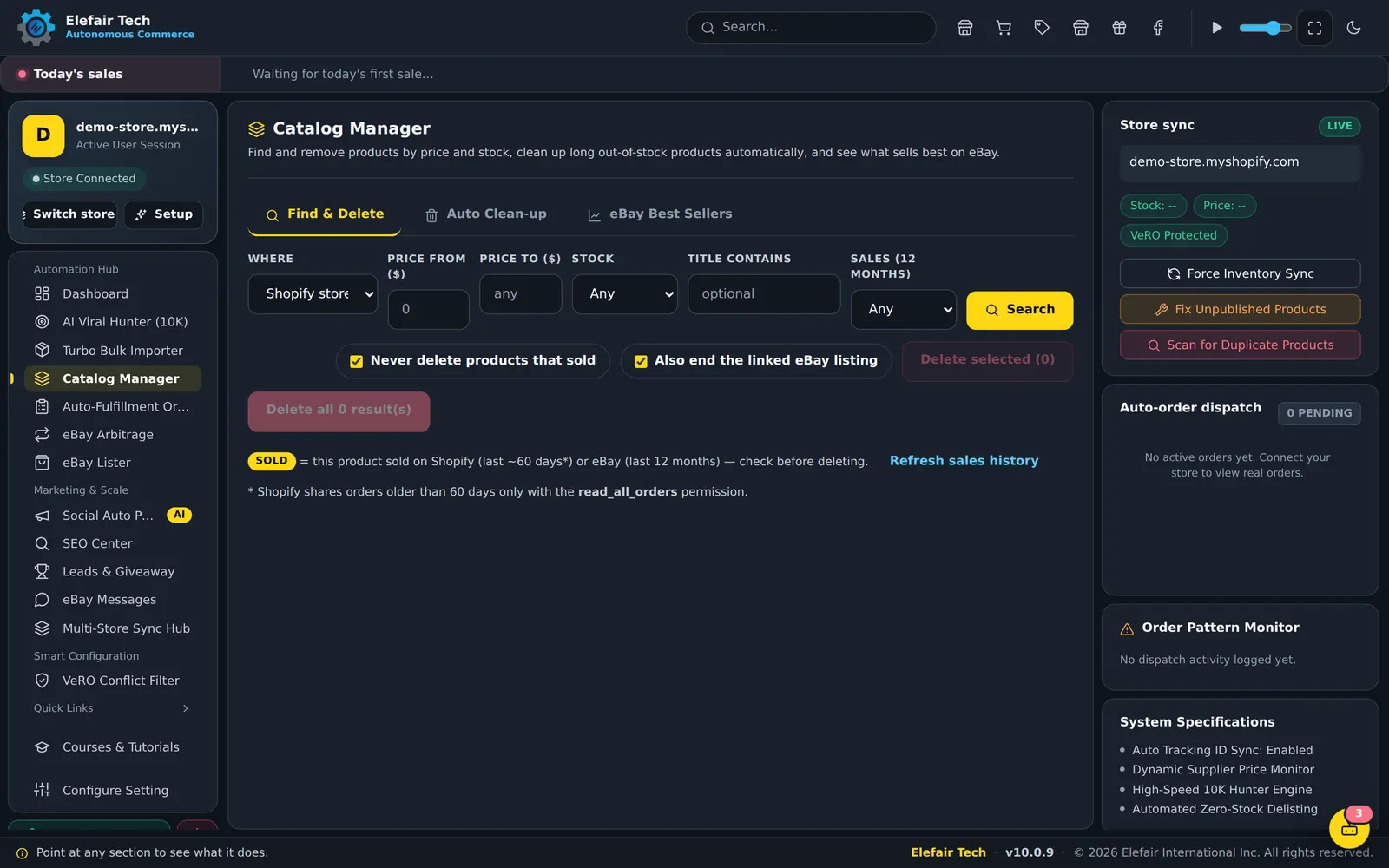 Catalog Manager filtering products by price, stock and sales