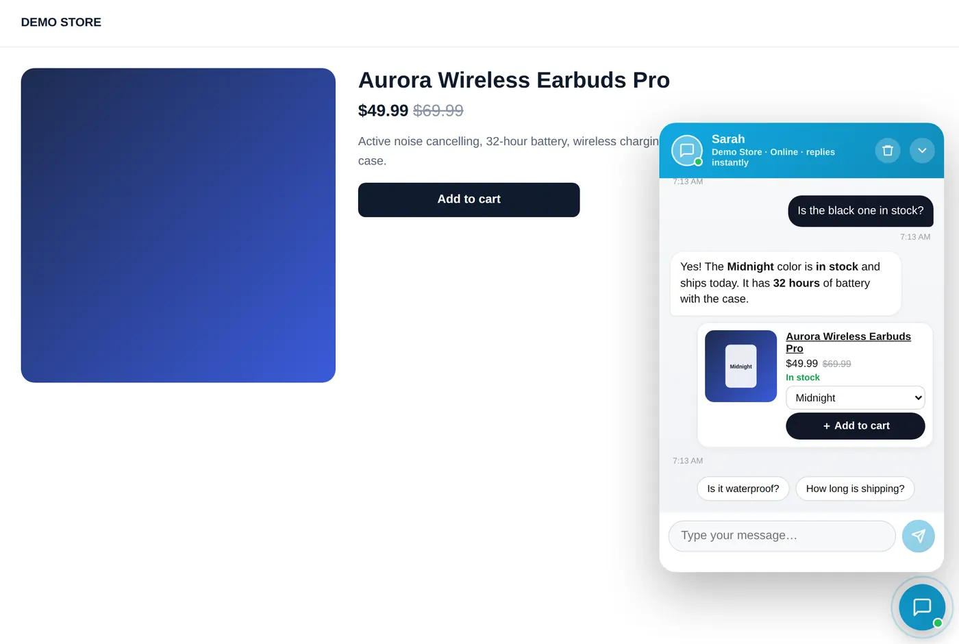 The AI store chat answering a shopper
