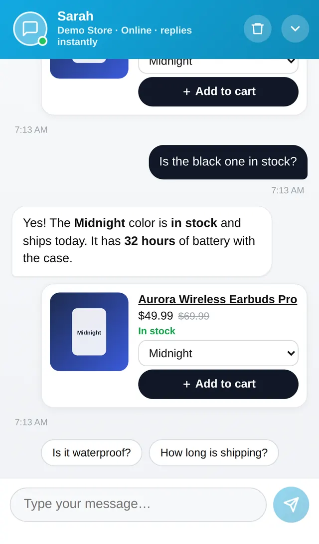 The store chat on a phone with a product card