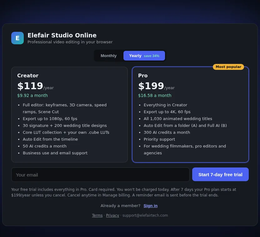 Studio Online plans: Creator and Pro, monthly or yearly